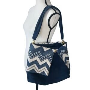 Boho Blue White Chevron Tapestry Velvet Large Handbag Purse Clutch like NEW
